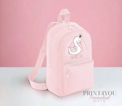 Personalised Kids Backpack, School Rucksack, Nursery Bag, Other colours, Swan Princess and Pink Rainbow