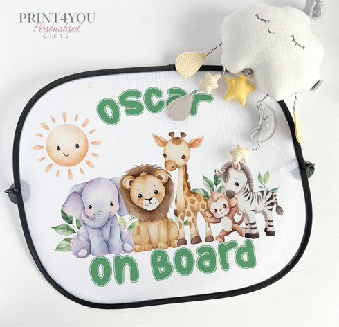 Personalised Children's Car Sun Shade Visor - Safari Jungle Animals , Baby on Board