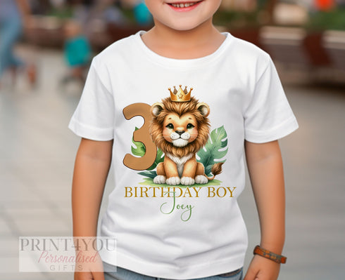 Personalised Jungle Lion Birthday T-Shirt ANY AGE - Cotton White Top, Any Age, Safari Party Top, King of the Jungle