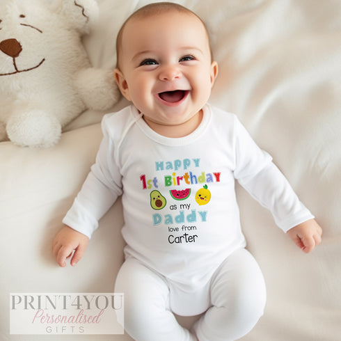 Dancing Fruit Personalised Sleepsuit, Happy Birthday Daddy, 1st Birthday as My Daddy, Baby grow Bodysuit Vest, Dad Birthday, Daddy Birthday
