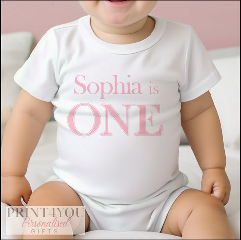 Personalised First Birthday One T-shirt, Sleepsuit and vest, Pink First Birthday Outfit.