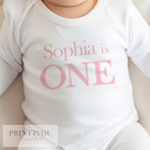 Personalised First Birthday One T-shirt, Sleepsuit and vest, Pink First Birthday Outfit.