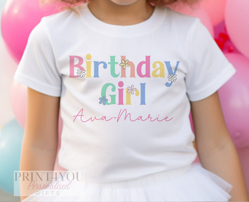 Personalised Daisy Birthday Girl T-Shirt, Birthday Girl, Cotton White Top, Pastel coloured daisies