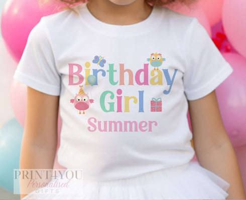 Personalised Owl Birthday Girl T-Shirt, Birthday Girl, Cotton White Top, Pastel coloured party owls