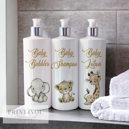 500ml UV PRINTED white Bathroom Shampoo Conditioner Body Wash bottles Safari Animals, New Baby Gift
