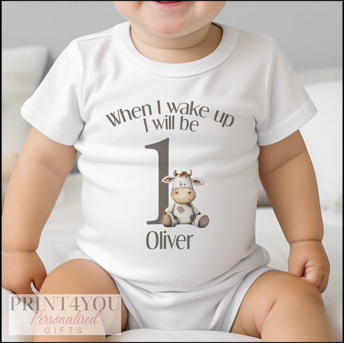 Personalised When I Wake Up I Will Be One Sleepsuit and vest, Grey Cow First Birthday Outfit.