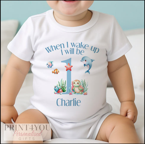Personalised When I Wake Up I Will Be One Sleepsuit and vest, Under the Sea First Birthday Outfit.