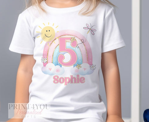 Personalised Rainbow Birthday T-shirt - Girls Birthday Tee, First Birthday, Two Three Four Five Sixth Birthday