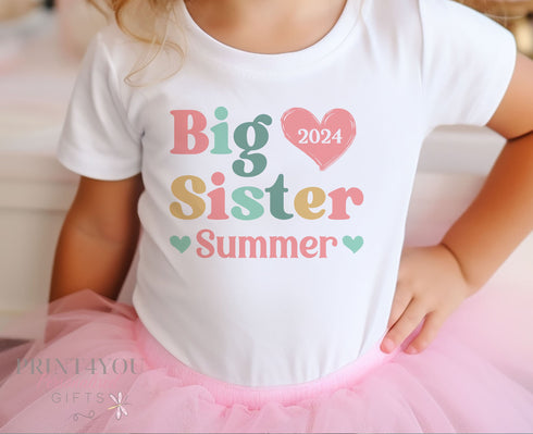 Promoted to Big Sister Heart Design White Personalised Cotton T-Shirt, Big Sister Top, Big Sister Gift, Pregnancy Announcement, Pastel Color
