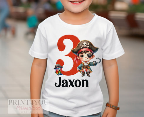 Personalised Pirate Birthday T-Shirt ANY AGE - Cotton White Top, any number any age