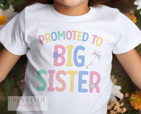Big Sister T-Shirt – Personalised Cotton Kids Tee with Pastel Heart Design