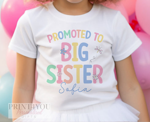 Big Sister T-Shirt – Personalised Cotton Kids Tee with Pastel Heart Design