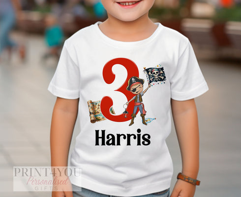 Personalised Pirate Birthday T-Shirt ANY AGE - Cotton White Top, any number any age