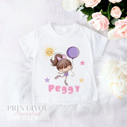 Girl's White Cotton Personalised T-shirt - Birthday girl with Balloon, White or Brown Skin