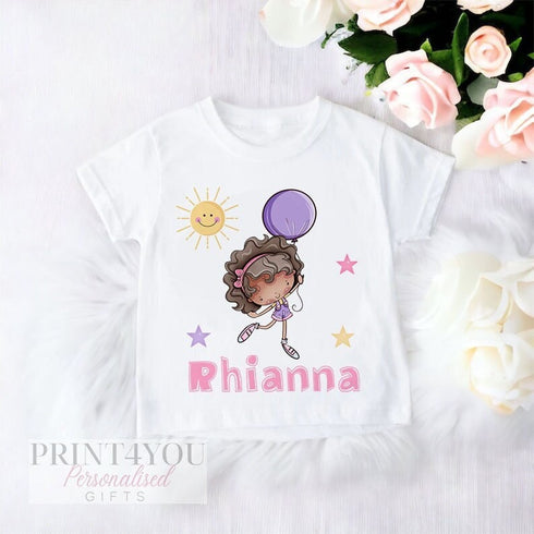 Girl's White Cotton Personalised T-shirt - Birthday girl with Balloon, White or Brown Skin