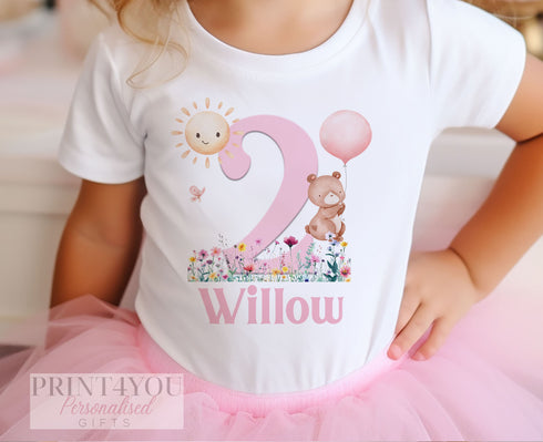 Personalised Girls Birthday T-Shirt ANY AGE - Cotton White Top, Any Age, Pink Number with Cute Bear and Balloons with Wildflowers