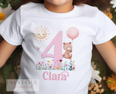 Personalised Girls Birthday T-Shirt ANY AGE - Cotton White Top, Any Age, Pink Number with Cute Bear and Balloons with Wildflowers
