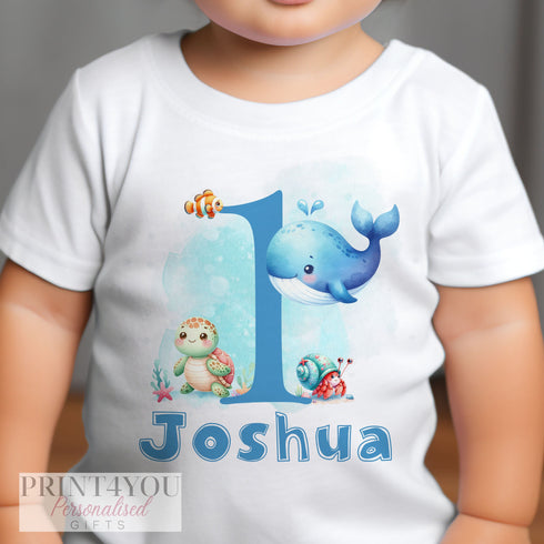 Personalised Under the Sea First Birthday T-shirt, Sleepsuit or Vest, Blue Text, Fish and Whale themed party