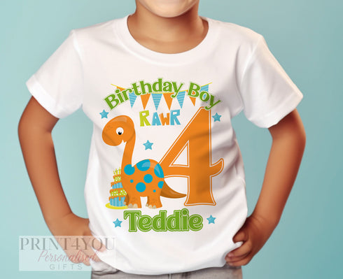 Personalised Dinosaur Birthday T-Shirt ANY AGE - Cotton White Top, Any Age, Dino Party Top