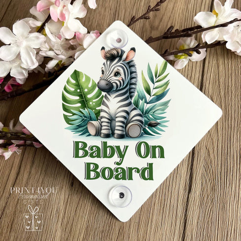 Baby on Board Aluminium Car Window Safety Sign | Polite Driver Notice | Kids Car Accessories | Safari Animal Zebra