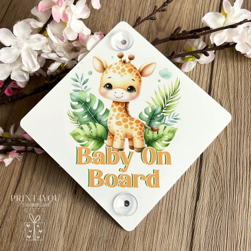 Baby on Board Aluminium Car Window Safety Sign | Polite Driver Notice | Kids Car Accessories | Safari Animal Giraffe