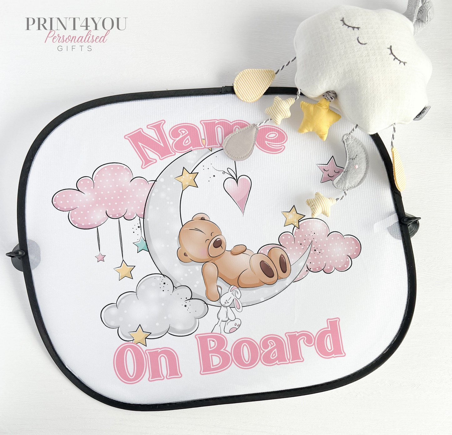 Personalised Children's Car Sun Shade Visor – Sleeping Girl Pink Teddy Bear, Baby on Board