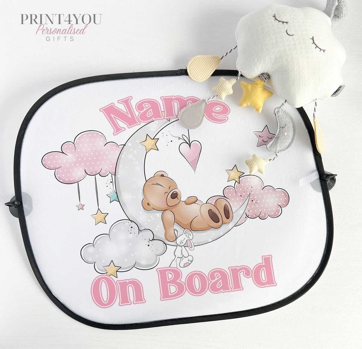 Pink teddy bear car sun shade with sleeping girl baby on board design