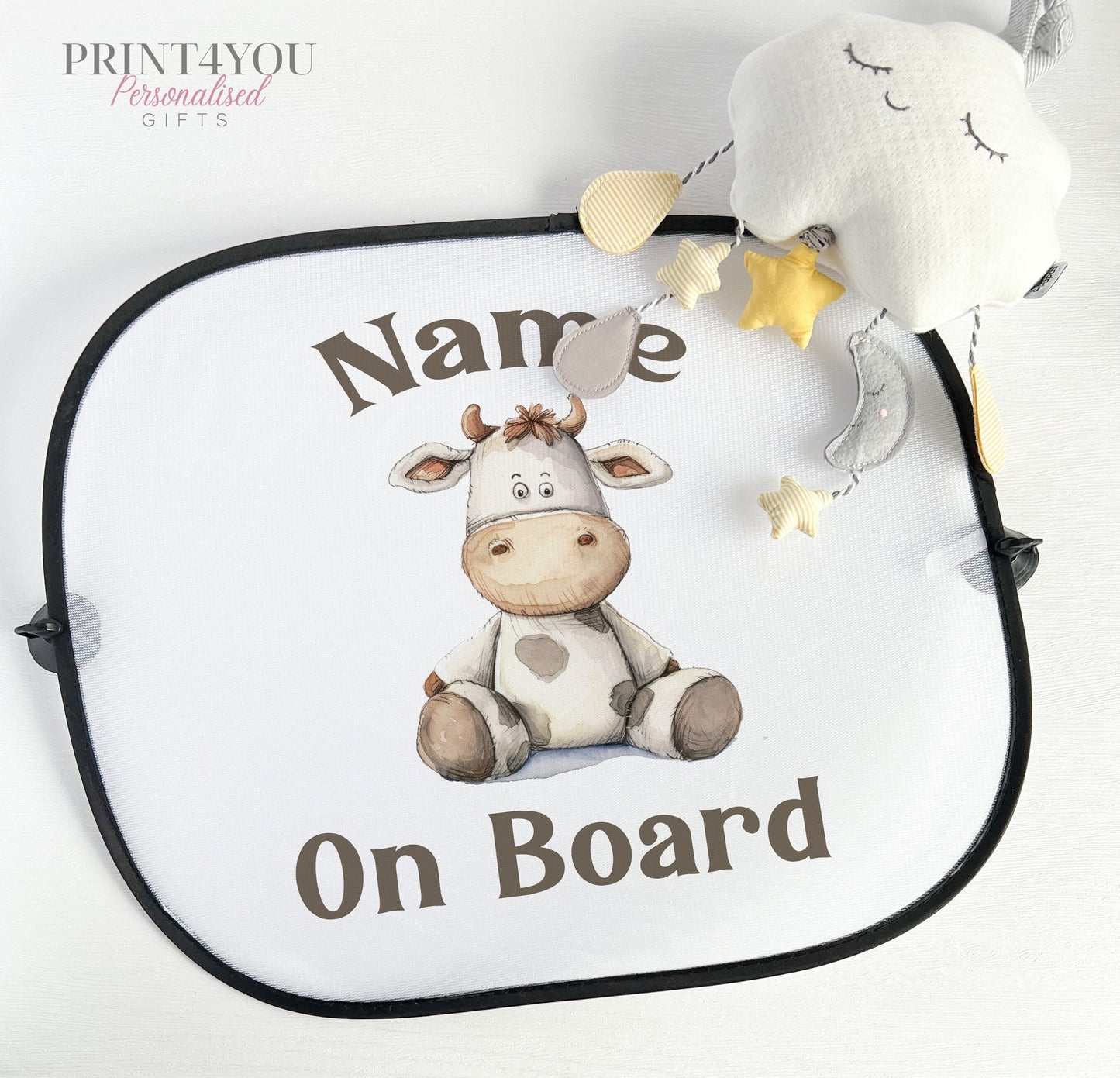 Personalised Children's Car Sun Shade Visor – Cute Cow Farm Animals, Baby on Board - image only