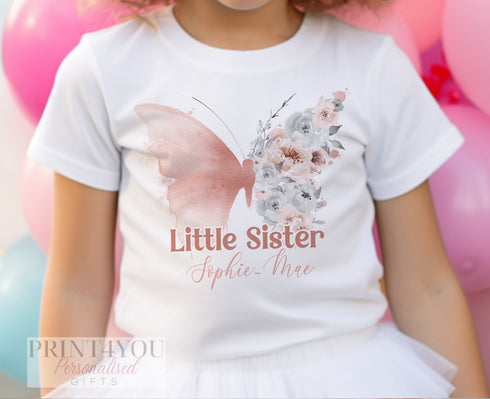 Little Sister Butterfly Personalised Vest, Sleepsuit Baby grow Bodysuit T-shirt, New Sister Gift, Sibling matching T-shirts