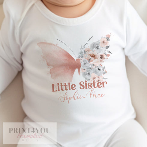 Little Sister Butterfly Personalised Vest, Sleepsuit Baby grow Bodysuit T-shirt, New Sister Gift, Sibling matching T-shirts