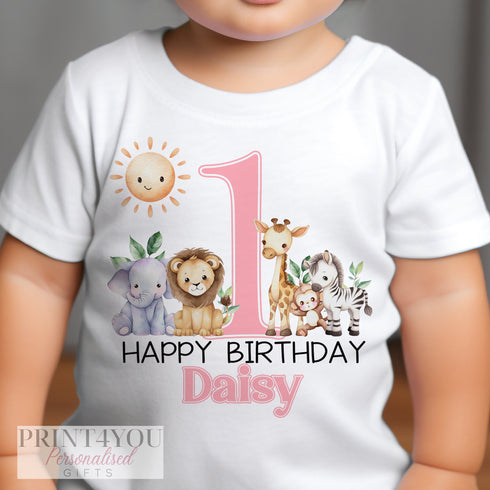 Personalised Safari First Birthday T-shirt, Sleepsuit or , Blue green or Pink Text, Gender Neutral, Boys or Girls Jungle party