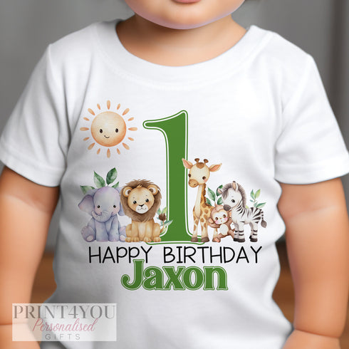 Personalised Safari First Birthday T-shirt, Sleepsuit or , Blue green or Pink Text, Gender Neutral, Boys or Girls Jungle party
