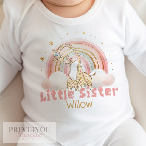 Little Sister Rainbow Giraffe Personalised Vest, Sleepsuit Baby grow Bodysuit T-shirt, New Sister Gift, Sibling matching T-shirts
