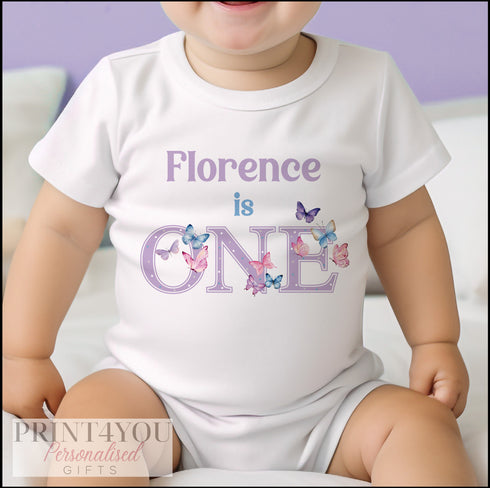 Personalised Butterfly First Birthday T-shirt, I am One, Sleepsuit, Vest or T-shirt