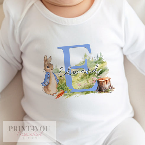 Personalised Blue Rabbit sleepsuit, New baby Outfit, Coming Home baby Grow, new Born Gift, Baby Shower Gift,