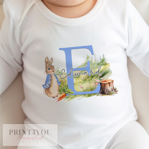 Personalised Blue Rabbit sleepsuit, New baby Outfit, Coming Home baby Grow, new Born Gift, Baby Shower Gift,