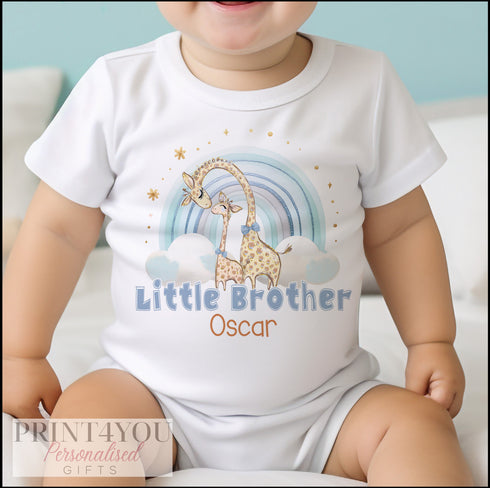 Little Brother Rainbow Giraffe Personalised Vest, Sleepsuit Baby grow Bodysuit T-shirt, New Brother Gift, Sibling matching T-shirts