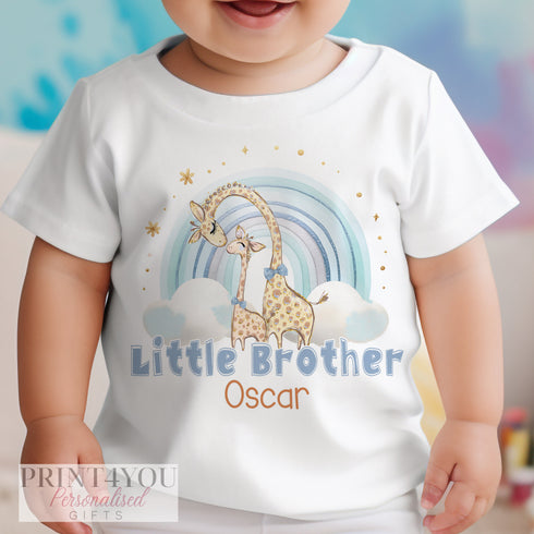 Little Brother Rainbow Giraffe Personalised Vest, Sleepsuit Baby grow Bodysuit T-shirt, New Brother Gift, Sibling matching T-shirts