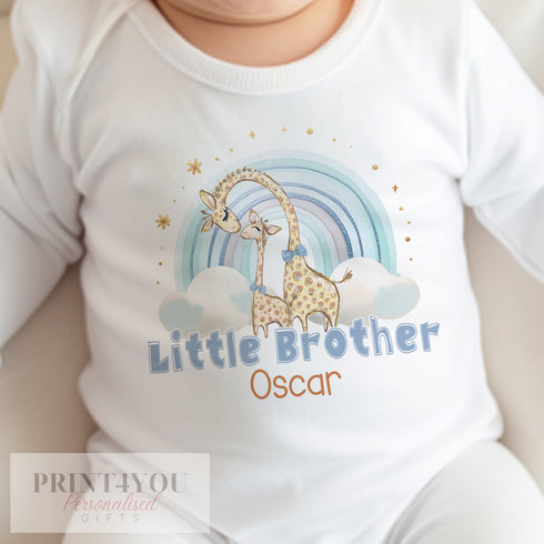 Little Brother Rainbow Giraffe Personalised Vest, Sleepsuit Baby grow Bodysuit T-shirt, New Brother Gift, Sibling matching T-shirts