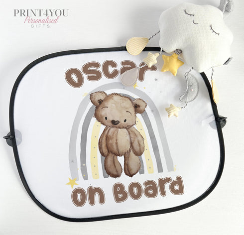 Personalised Children's Car Sun Shade Visor - Brown Teddy Bear Rainbow, Baby on Board