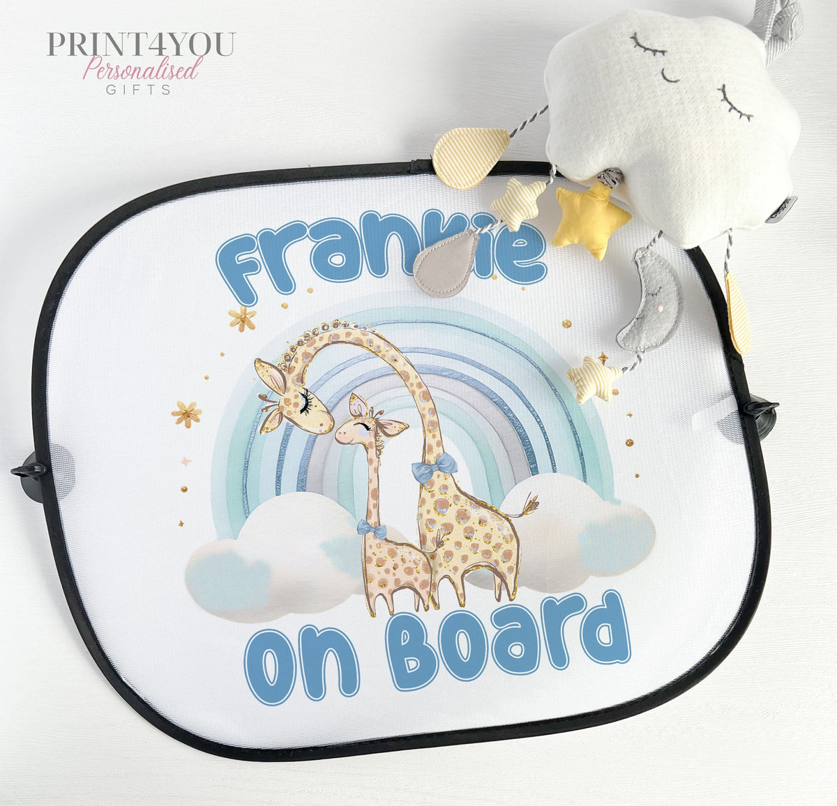 Blue giraffe rainbow car sun shade with baby on board design