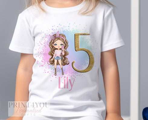 Personalised Girls Birthday T-Shirt - Fashion Doll Design, Gold Glitter Effect Number - 100% Soft Cotton, DTG - Age 1-10yrs