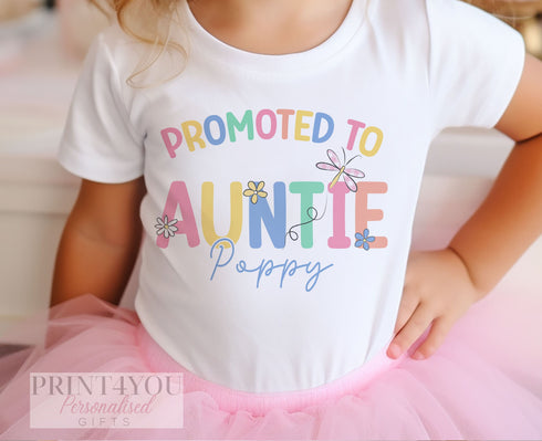 Promoted to Auntie Personalised Cotton T-Shirt, Young Auntie Gift, Gift to Niece for Pregnancy Announcement, Pastel Colour