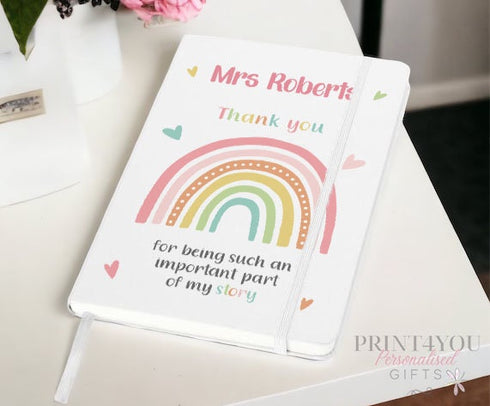 Personalised Teacher Gift A5 White PU Leather Notebook - Thank You for Being an important part of my story