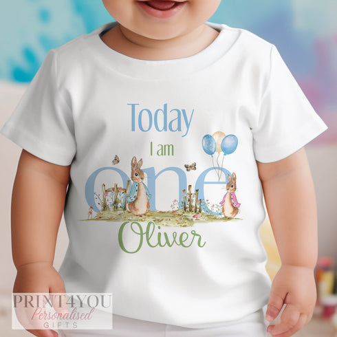 Personalised First Birthday One T-shirt, Blue Rabbit First Birthday Outfit. Numbers and Two, First and Second Birthday