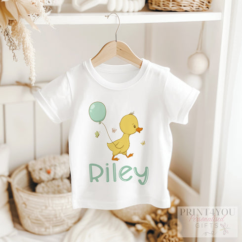 Children's White Cotton Personalised T-shirt - Yellow Duck with a balloon