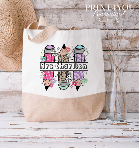 Thank You Teacher Gift, Personalised Cotton Jute Tote Bag - Available in medium and XL, Pencils and teachers name
