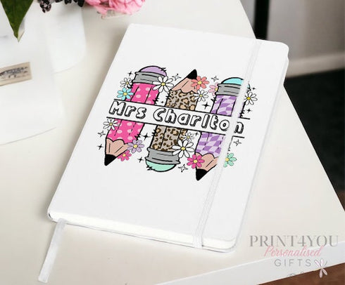 Personalised Teacher Gift A5 White PU Leather Notebook - Thank you teacher gifts, Mixed Leopard Print Pencils