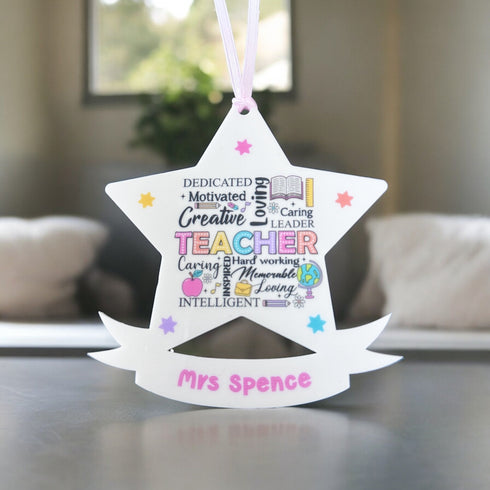 Personalised Thank you Teacher Gift, Dedicated, Motivated and Creative Teacher Banner star white acrylic