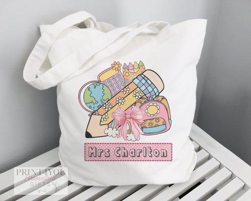 Thank You Teacher Gift | Cotton Tote Bag | Reusable Shopping Bag | 100% White Cotton Bag | Personalised shopper bag | Pencil Bows Books